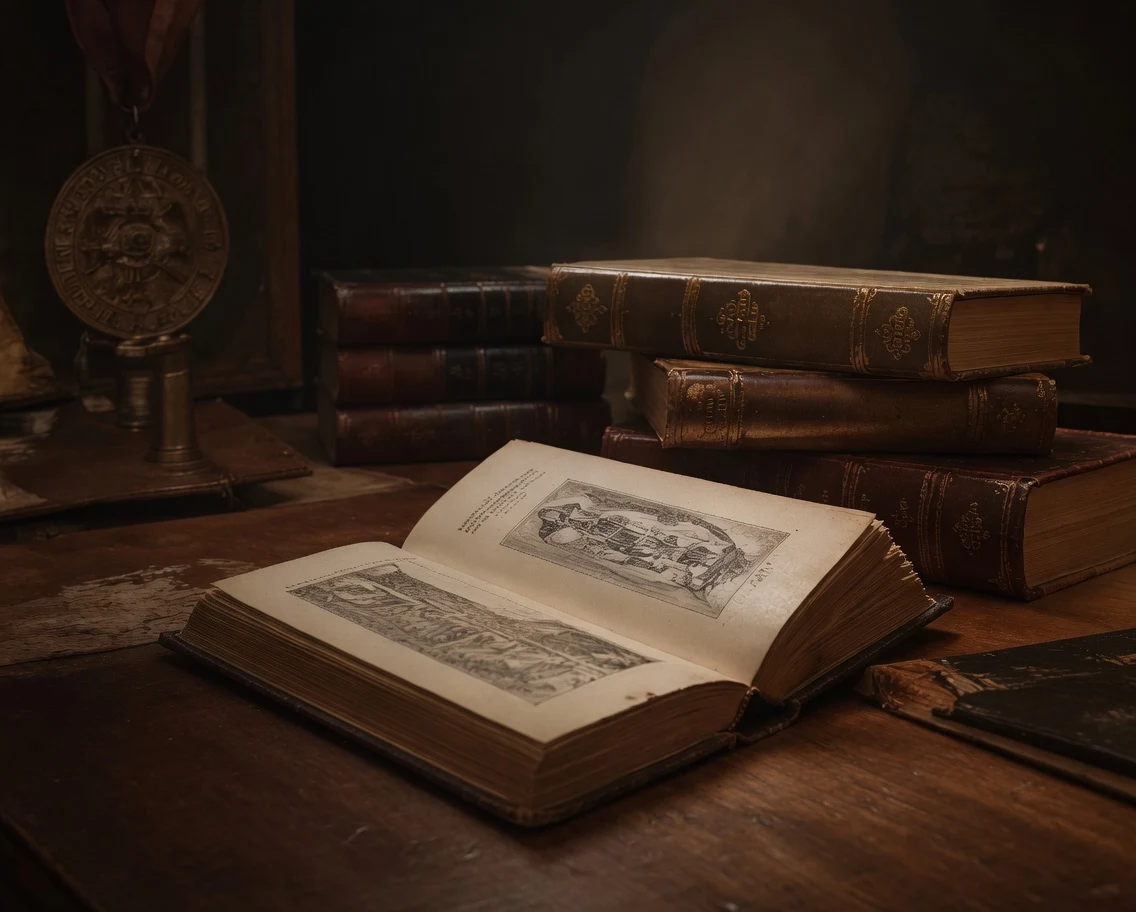 Aufgeschlagenes historisches Buch zwischen antiken Büchern